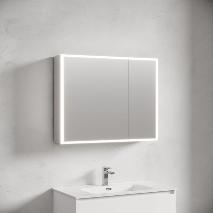 Зеркальный шкаф SANCOS для ванной комнаты из алюминия SANCOS Evoke 900x700х136 мм с LED подсветкой, SC8090